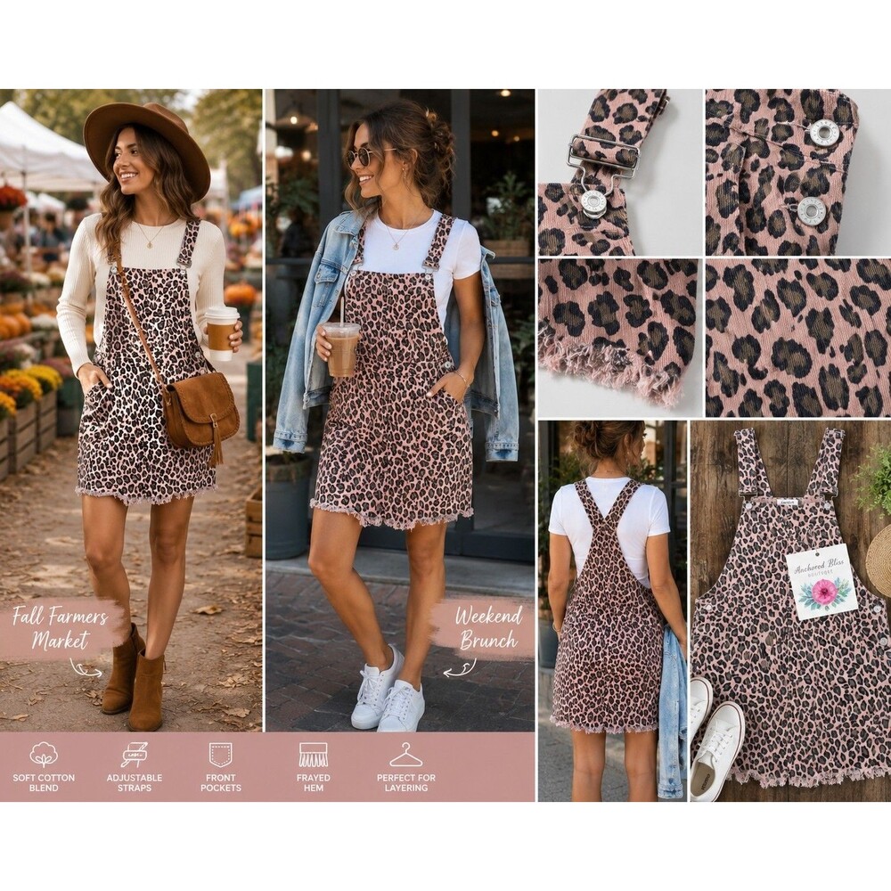 New ODDi Women L Leopard Print Overall Dress Pink/Beige Denim Frayed Hem Cute